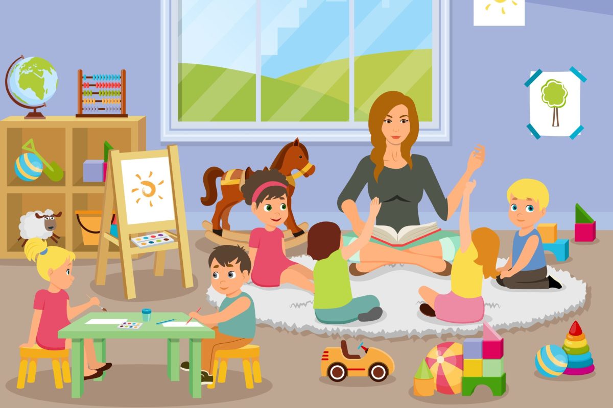 Kindergarten flat composition with educator working with children, kids during drawing, colorful toys, interior elements vector illustration